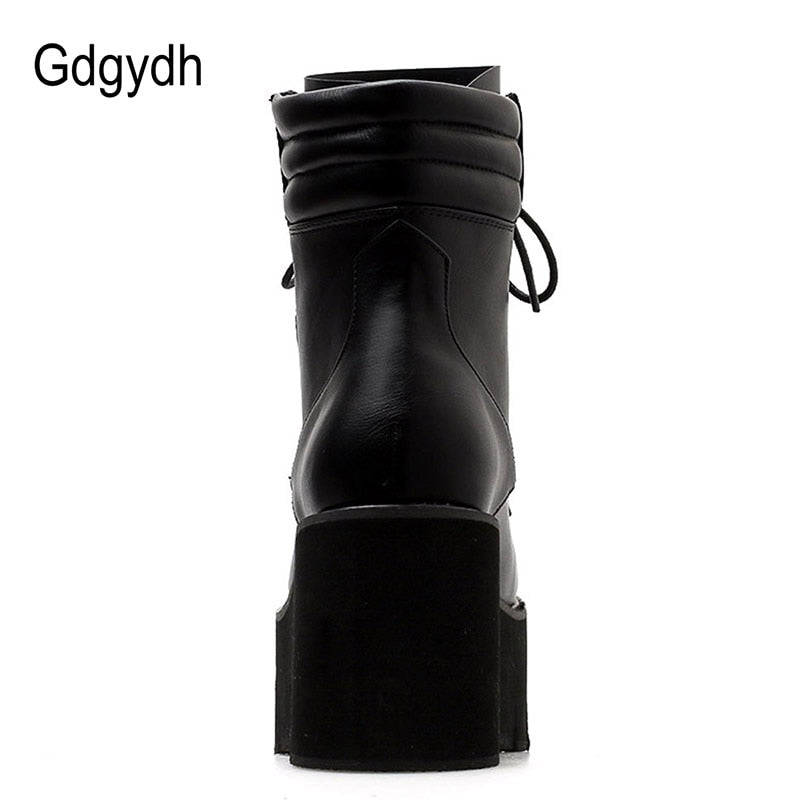 Gdgydh Wholesale Autumn Ankle Boots For Women Motorcycle Boots Chunky Heels Casual Lacing Round Toe Platform Boots Shoes Female