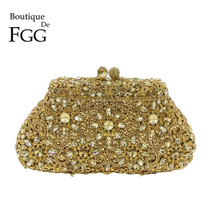 Boutique De FGG Flower Crown Minaudiere Clutch Silver Crystal Evening Handbag Women Party Prom Bag Bridal Clutches Wedding Purse