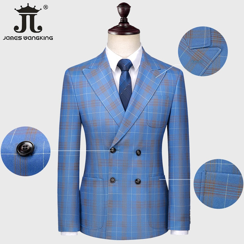 5XL Blazer Vest Pants Luxury High-end Brand Men's Slim Formal Business Blue Plaid Suit 3piece Groom Wedding Dress Party Tuxedo