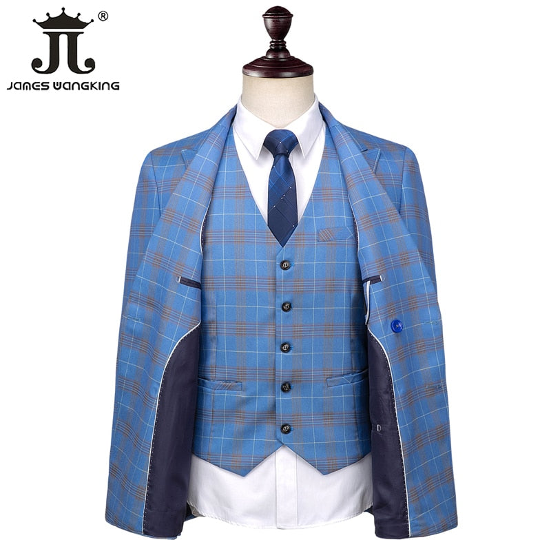 5XL Blazer Vest Pants Luxury High-end Brand Men's Slim Formal Business Blue Plaid Suit 3piece Groom Wedding Dress Party Tuxedo