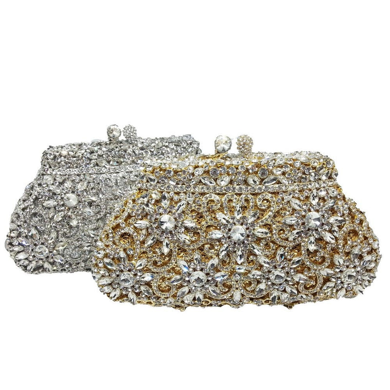 Boutique De FGG Flower Crown Minaudiere Clutch Silver Crystal Evening Handbag Women Party Prom Bag Bridal Clutches Wedding Purse