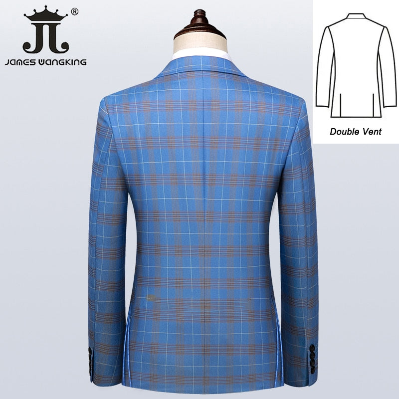 5XL Blazer Vest Pants Luxury High-end Brand Men's Slim Formal Business Blue Plaid Suit 3piece Groom Wedding Dress Party Tuxedo